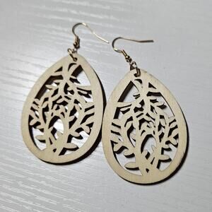 Laser-Cut Wooden Teardrop Earrings w/ Tree-of-Life or Botanical Cutout Design